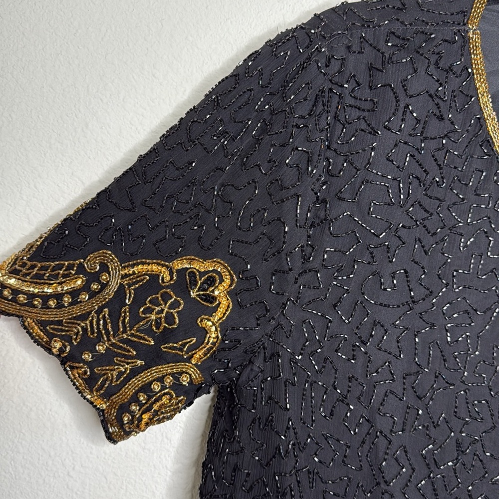 Exclusive Vintage 80’s Black and Gold Beaded 100% Silk Women's Top Size Small - Picture 6 of 12